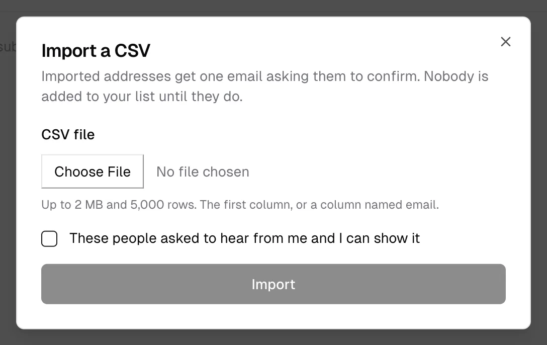 The import dialog: a file field, the size limits, an attestation checkbox, and an Import button