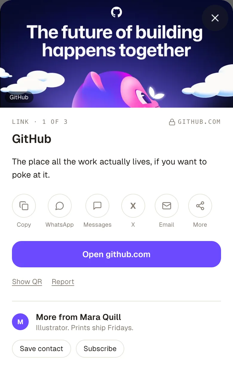 A link's details sheet on a phone: the site's preview image, the title, the creator's note, six share buttons, and Open