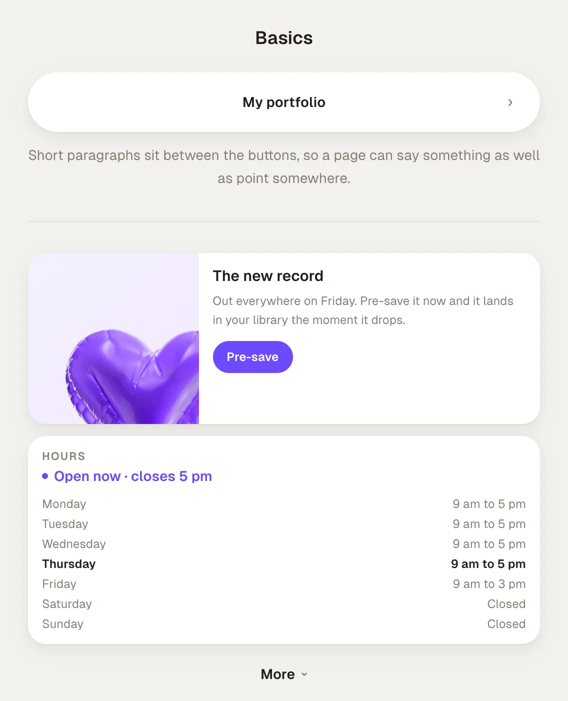 The Basics blocks on a live page: a link, a paragraph, a divider, a feature card, opening hours, and a group