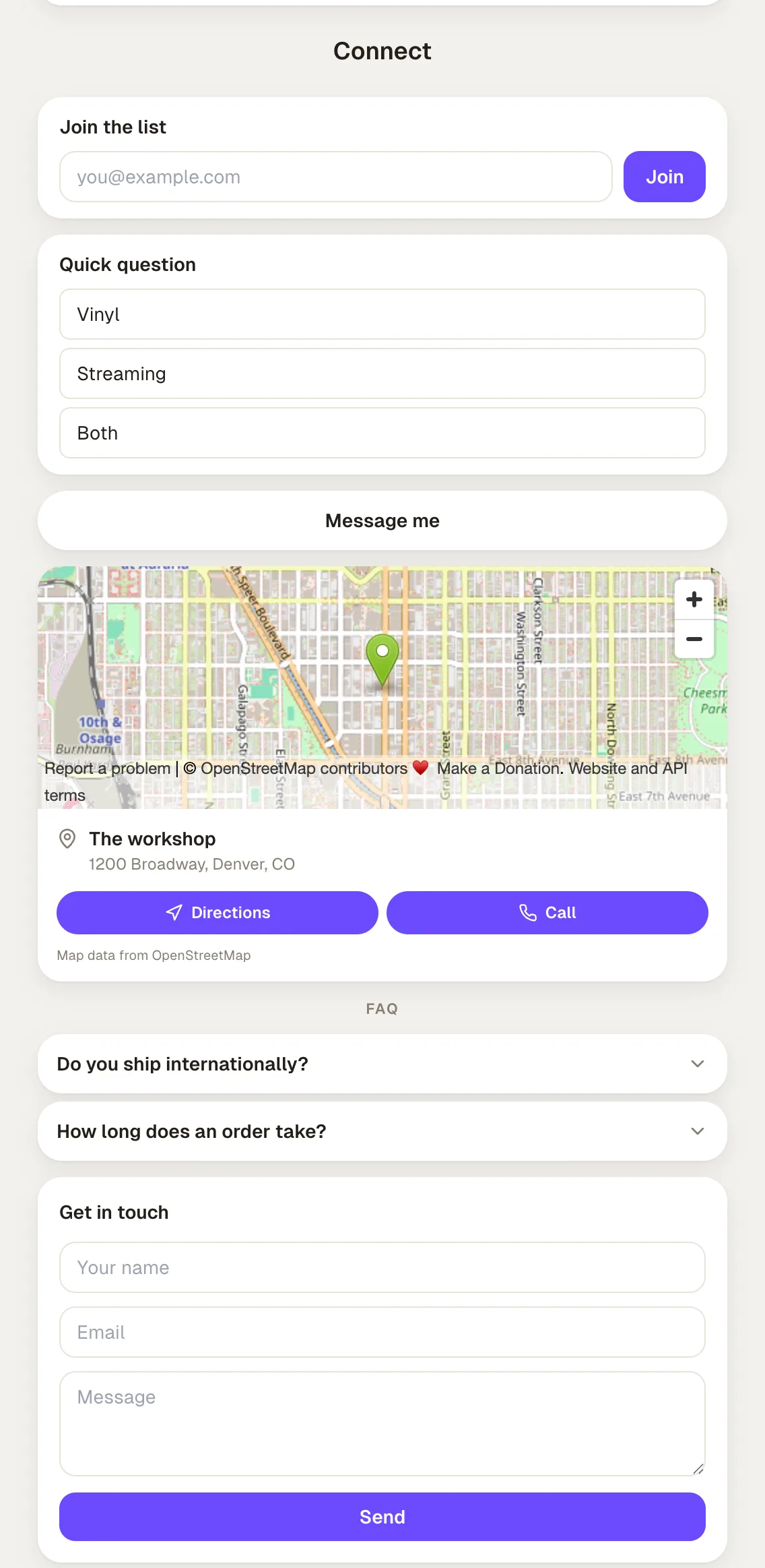 The Connect blocks: an email capture, a poll, a chat button, a map, an FAQ, and a contact form