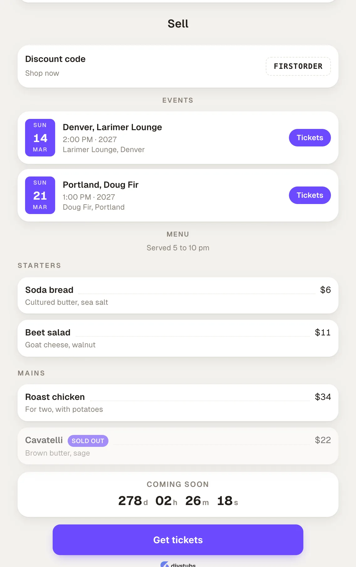 The Sell blocks: a discount code, an events list, a menu, a countdown, and a ticket button