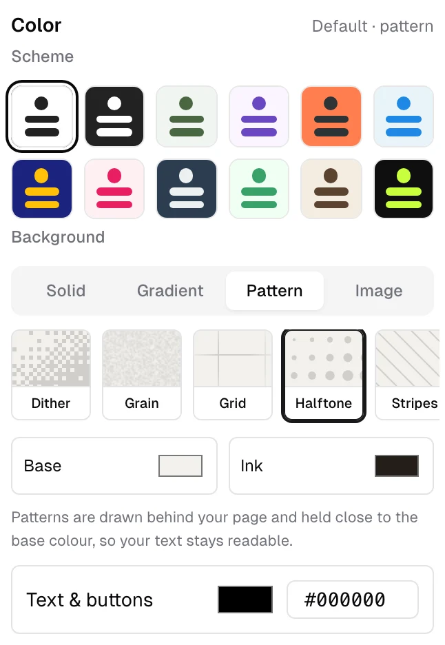 The Color section with Pattern chosen and Halftone selected
