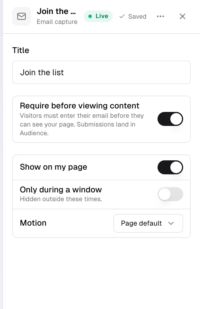 The email capture block's settings, with Require before viewing content switched on