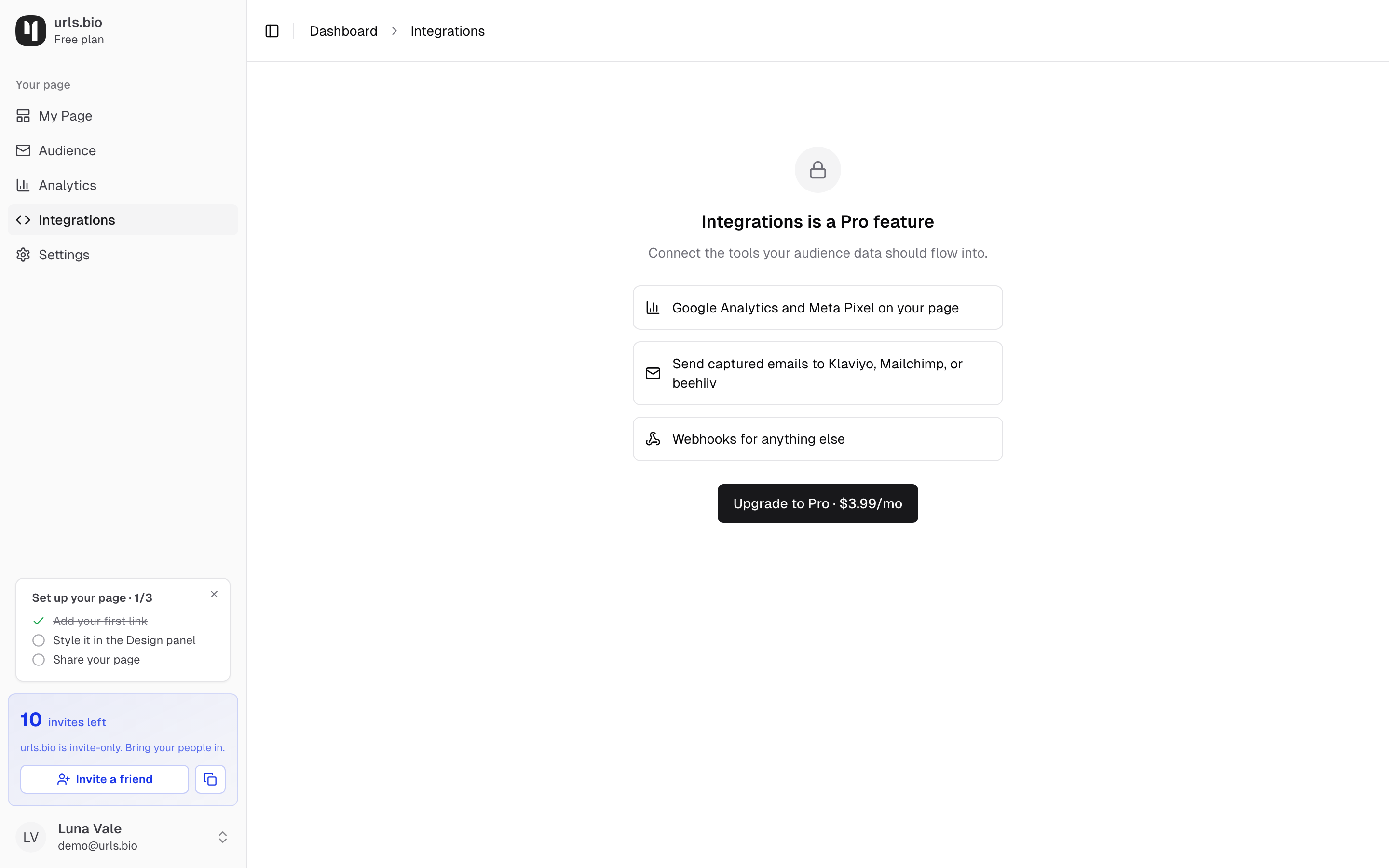 The Integrations tab on a free account, showing the Pro feature screen and an upgrade button