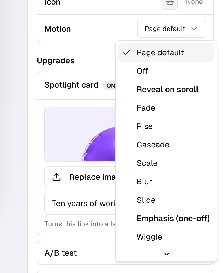 The Motion row open, with reveals and emphasis in separate groups