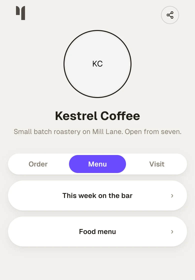 A page with three tabs under the header, open on Menu