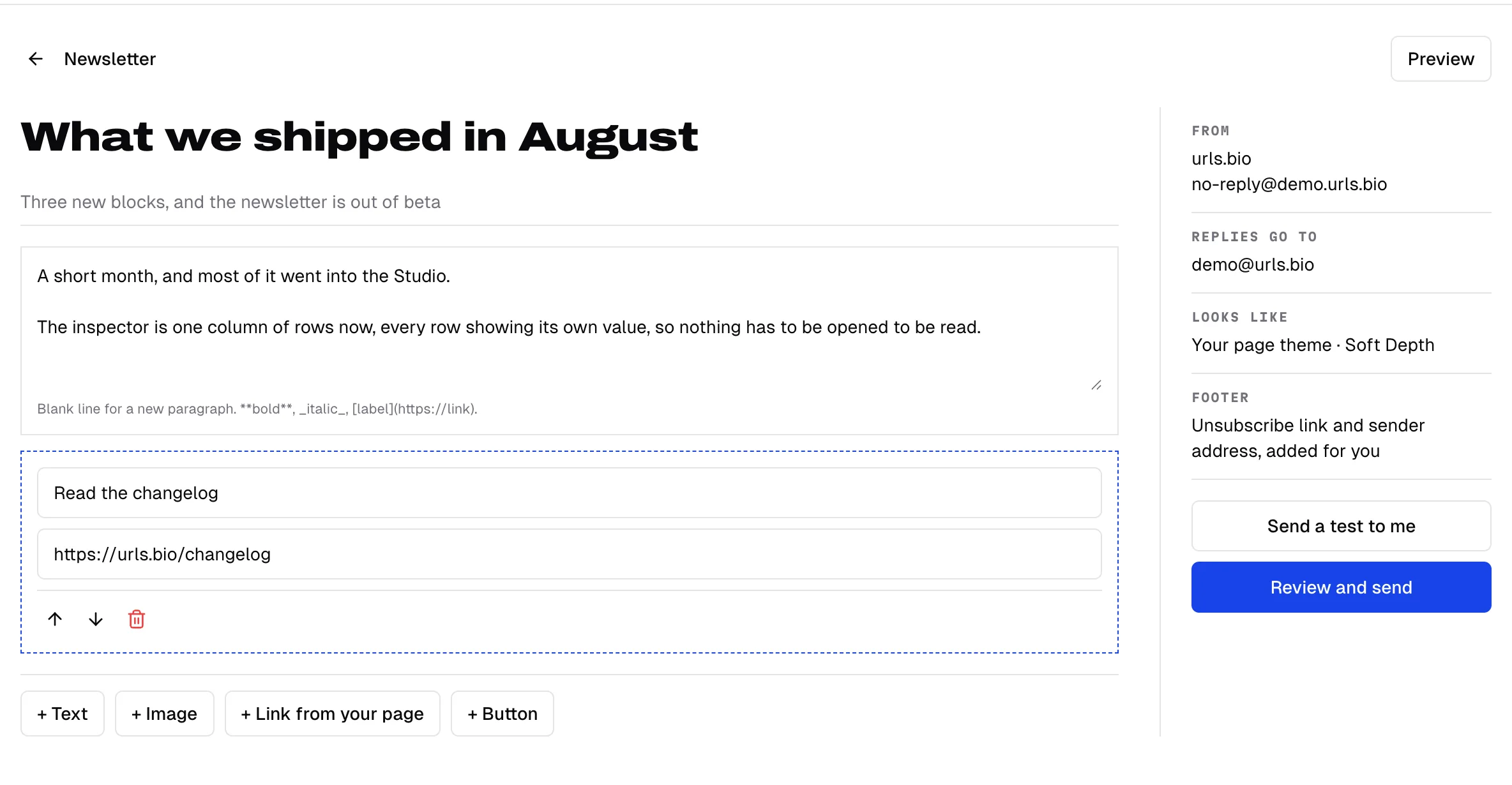 The post editor: a subject, a preview line, a text block, a button block, and the sending details on the right