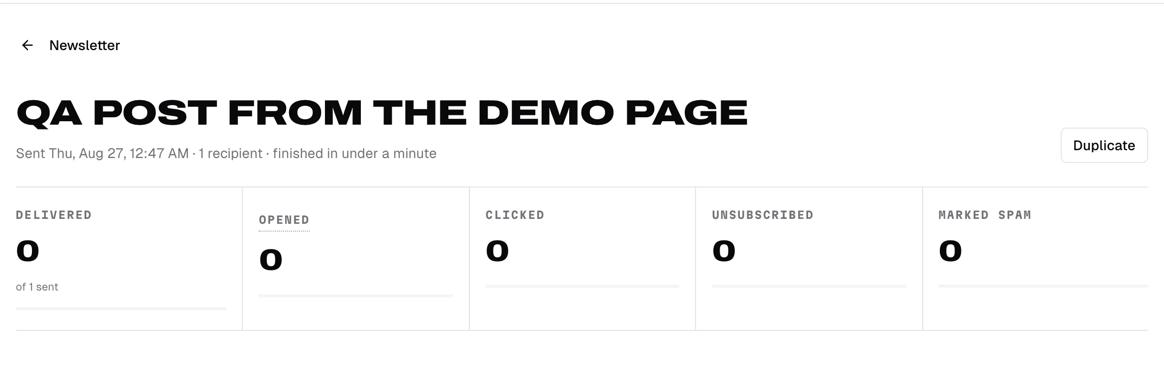 A sent post's report: delivered, opened, clicked, unsubscribed, and marked spam