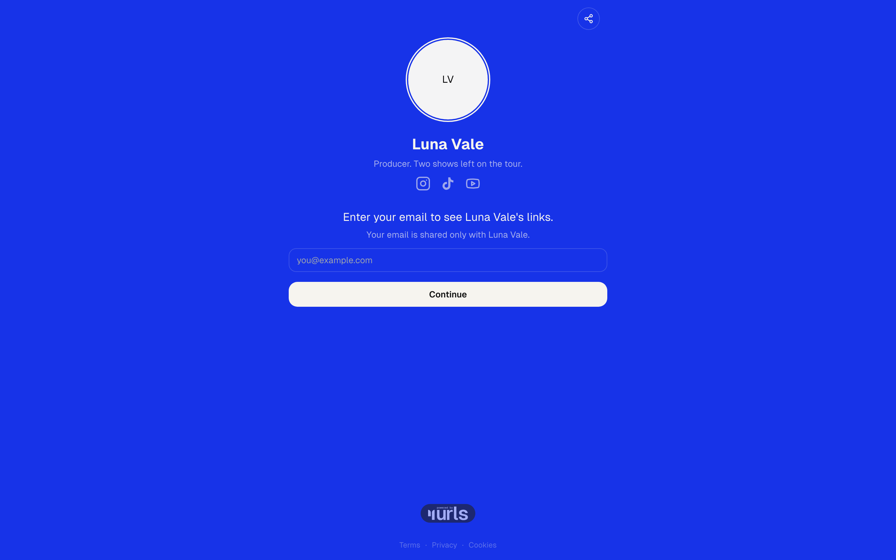 The public demo page with the email gate showing: a prompt, one field, and a Continue button