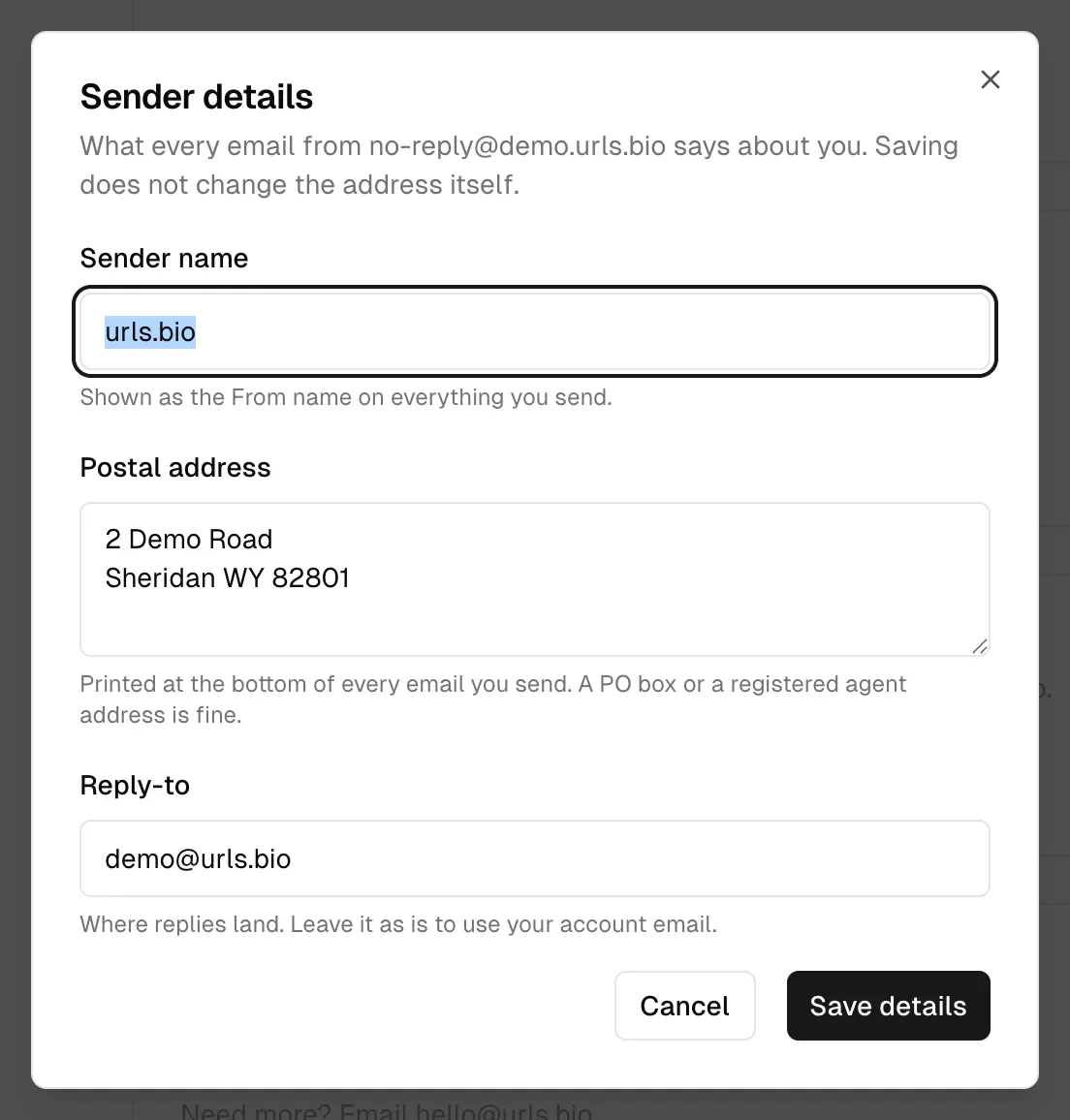 The sender details sheet: sender name, postal address, and reply-to