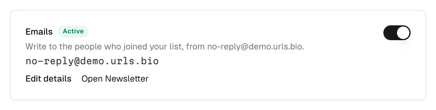 The Emails row with an Active chip and the sending address under it
