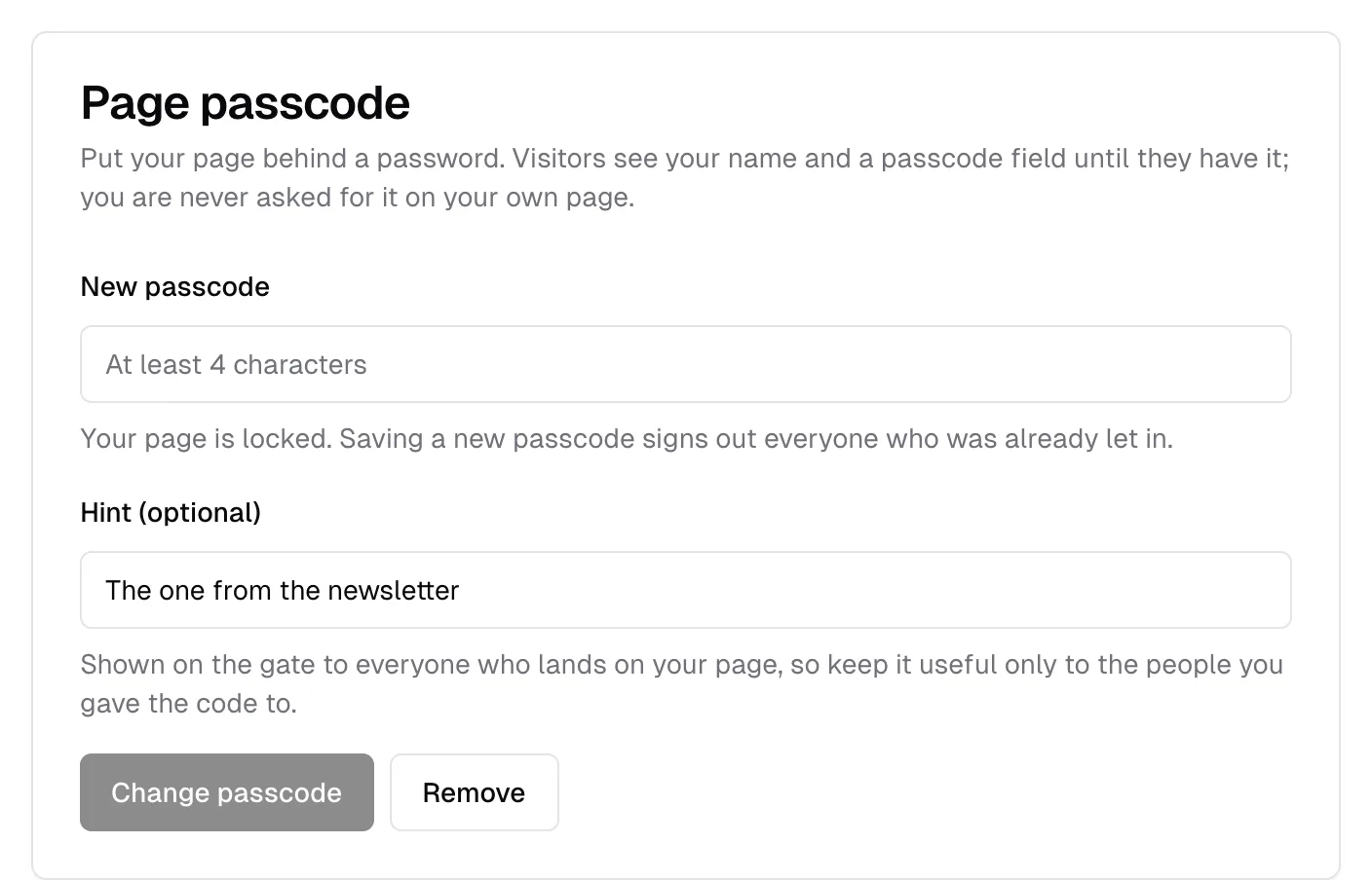 The Page passcode card, with a passcode set, a hint, and Change passcode and Remove buttons