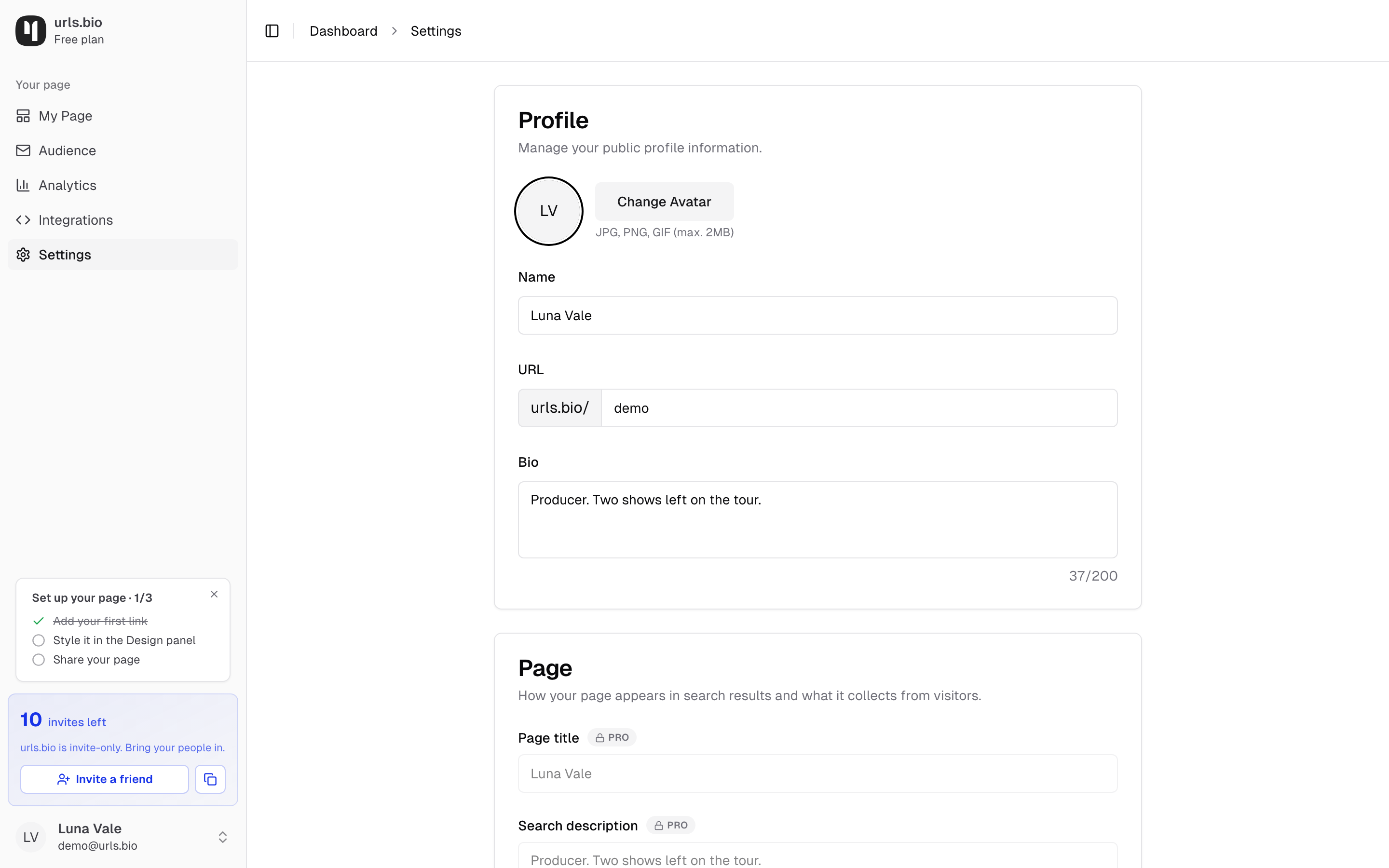 The Settings tab: the Profile card, and the Page card with Pro locks on page title and search description