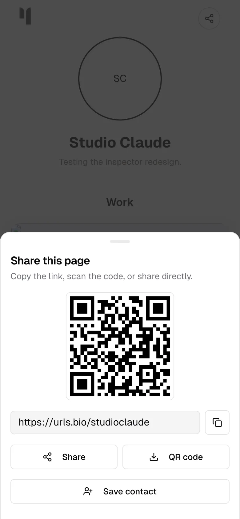 The share sheet: a QR code, the address with a copy button, and Share, QR code, and Save contact