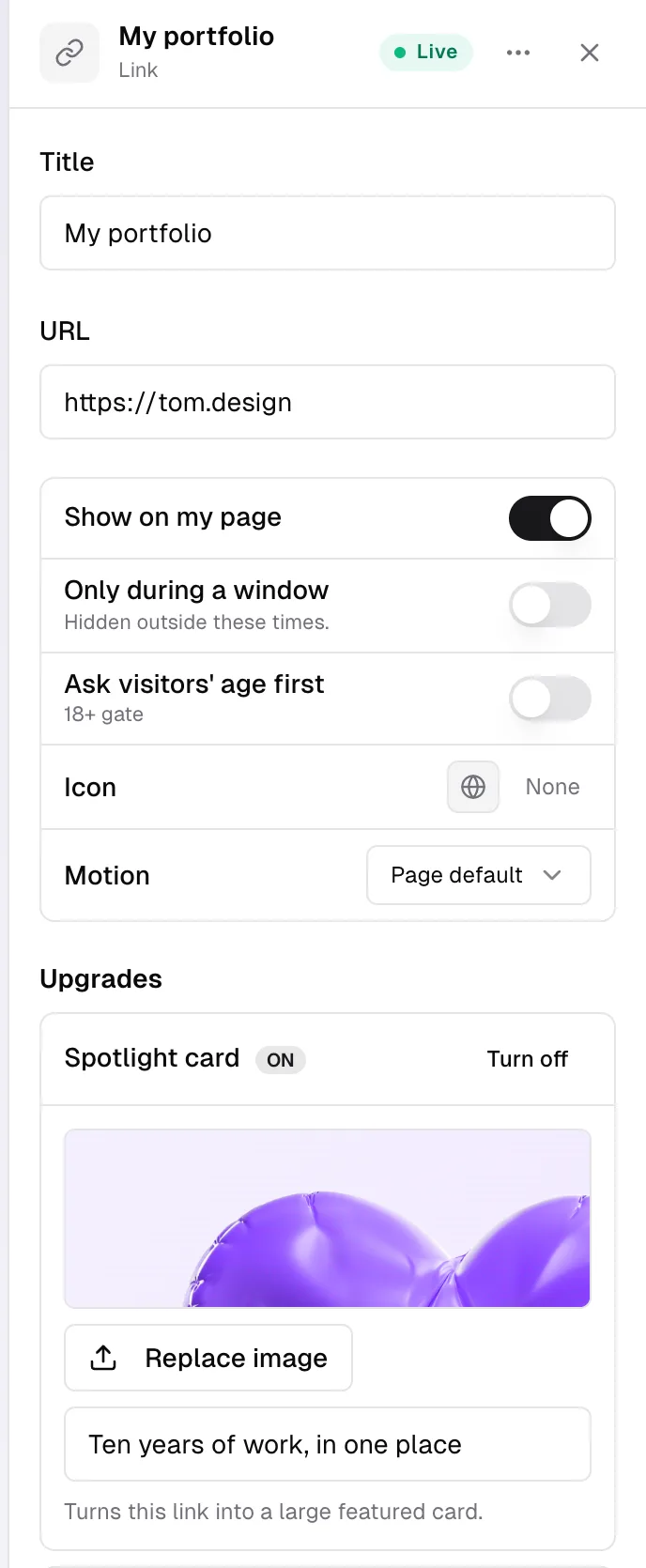 A link's settings: title, URL, then rows for visibility, scheduling, the age gate, the icon, and motion