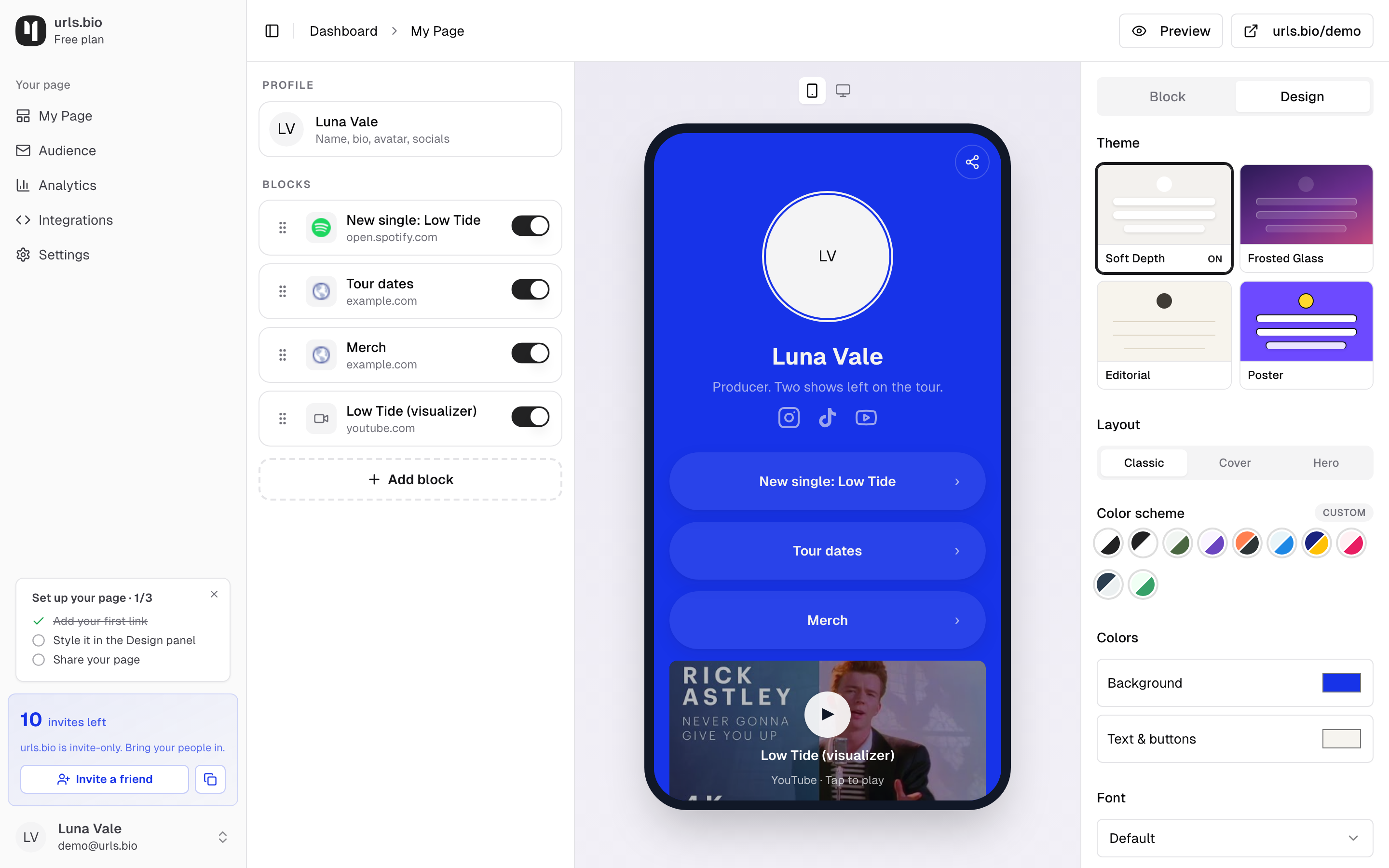 The Studio: the block list on the left, a phone preview in the middle, and the design panel on the right